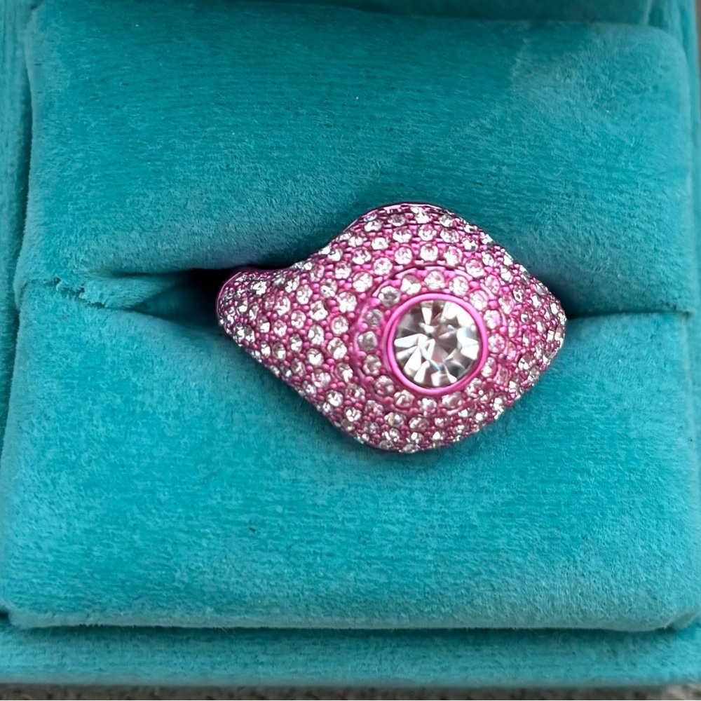 Kurt Geiger London Pink, Pave Crystal Encrusted Ring with solitaire, SZ Small